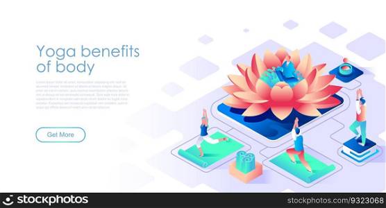 Yoga benefits for body isometric landing page vector template. Healthy lifestyle, fitness training website homepage interface illustration layout. Pilates web banner isometry concept. Yoga benefits for body isometric landing page vector template