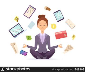 Yoga business. Female character sitting in lotus meditation pose and relax office business items flying around vector cartoon illustration. Yoga office meditation, business relax sitting, pose lotus. Yoga business. Female character sitting in lotus meditation pose and relax office business items flying around vector cartoon illustration