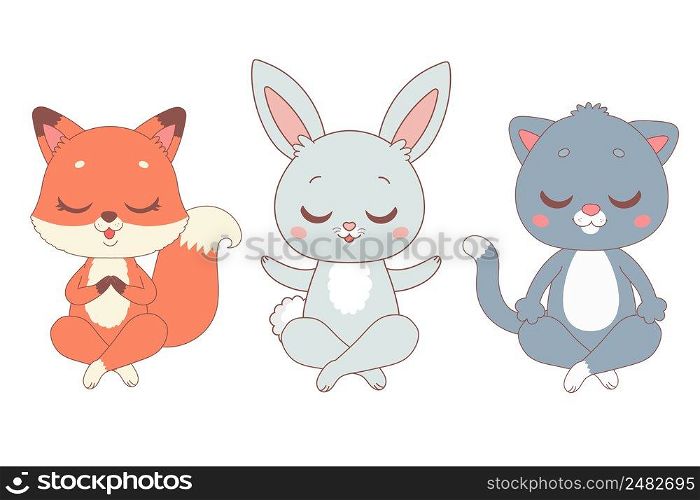 Yoga cartoon animals - fox, rabbit and cat, vector illustration