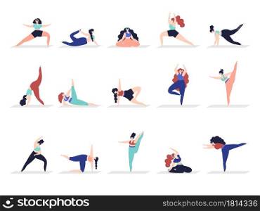 Yoga characters. People exercise, adult woman demonstration stretching poses. Female asana meditating, active decent girl workout vector set. Illustration exercise yoga, training people fitness. Yoga characters. People exercise, adult woman demonstration stretching poses. Female asana meditating, active decent girl workout vector set