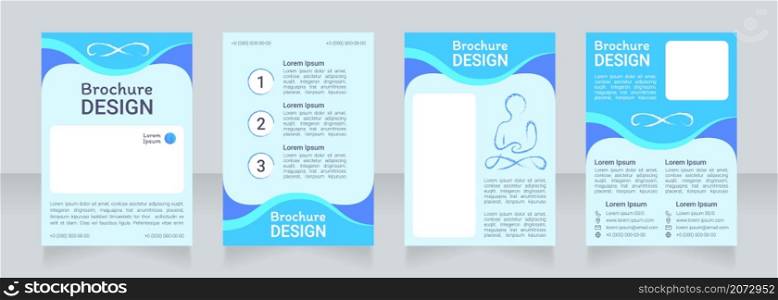 Yoga class blue blank brochure design. Template set with copy space for text. Premade corporate reports collection. Editable 4 paper pages. Roboto Light, Medium, Itim Regular fonts used. Yoga class blue blank brochure design