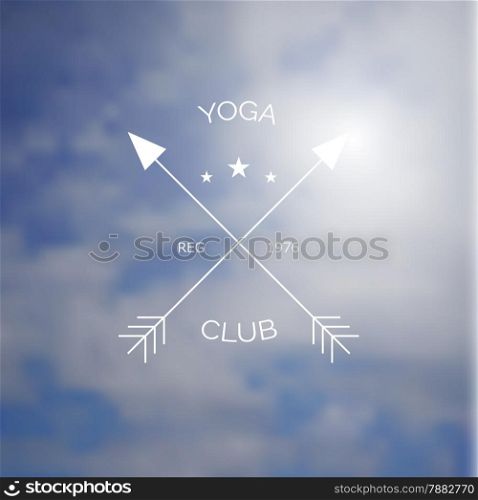 Yoga club logo on blurry photo of sea cost as a background. Vector design with gradient mesh.