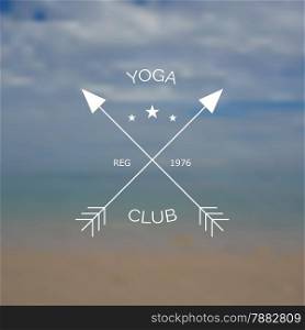 Yoga club logo on blurry photo of sea cost as a background. Vector design with gradient mesh.