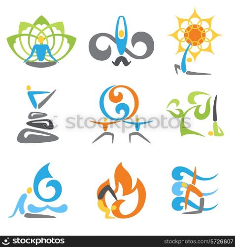 Yoga emblems religion spiritual and fitness practice elements set isolated vector illustration