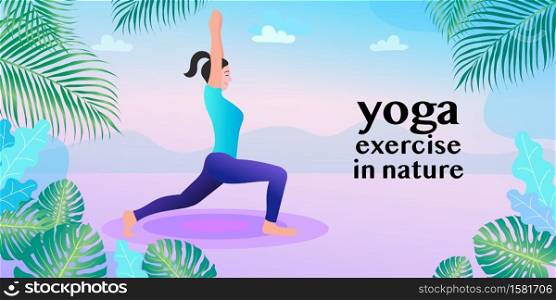 yoga exercise in nature. Park, forest, trees and hills on background. international yoga day. Quarantine, stay at home concept.