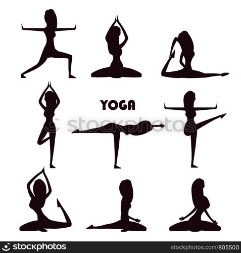 Yoga exercises and meditation female silhouettes isolate on white background. Vector illustration. Yoga exercises and meditation female silhouettes