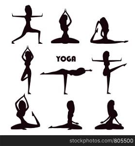 Yoga exercises and meditation female silhouettes isolate on white background. Vector illustration. Yoga exercises and meditation female silhouettes
