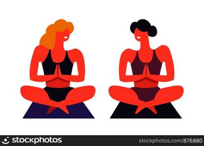Yoga exercises and practice of female friends vector. Asanas and posing, keeping fit together, healthy lifestyle of women sitting on sport mats. Smiling ladies wearing suits happy with fitness. Yoga exercises and practice of female friends vector