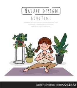 Yoga exercises cartoon, Hand drawn. ladies and in nature and leaves. Graphic vector isolated elements