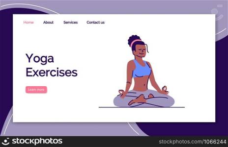 Yoga exercises landing page vector template. Stress management website interface idea with flat illustrations. Meditation homepage layout. Fitness training web banner, webpage cartoon concept