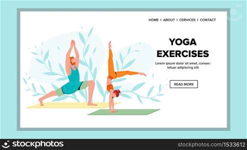 Yoga Exercises Practicing Man And Woman Vector. Young People In Sportswear Make Yoga Exercises In Fitness Center. Sporty Flexible Characters In Warrior Pose. Characters Web Flat Cartoon Illustration. Yoga Exercises Practicing Man And Woman Vector