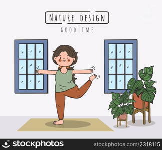 Yoga exercises, Stay at home, Hand drawn cartoon. ladies and in nature and leaves. Vector illustration.