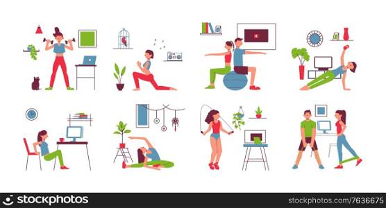 Yoga fitness home flat icons set with ball balance stretching skipping rope chair squats exercises vector illustration