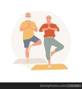 Yoga for elderly people isolated cartoon vector illustration Senior people doing yoga together, practicing meditation, gentle fitness, healthy lifestyle, physical activity vector cartoon.. Yoga for elderly people isolated cartoon vector illustration