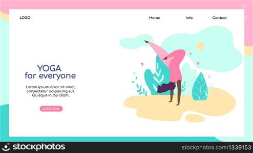 Yoga for Everyone Horizontal Banner, Copy Space. Curvy Flexible Sporty Plus Size Young Woman Doing Asana on Nature. Body Love, Fat Acceptance Movement, No Fatphobia. Cartoon Flat Vector Illustration.. Plus Size Young Woman Doing Yoga Asana on Nature.