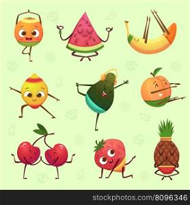 Yoga fruits poses. Fresh fruits and vegetables with funny faces making workout and yoga sport exercises exact vector cartoon illustrations. Healthy character food smile, fitness and yoga. Yoga fruits poses. Fresh fruits and vegetables with funny faces making workout and yoga sport exercises exact vector cartoon illustrations