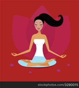 Yoga girl in lotus position isolated on red background