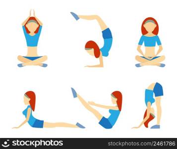 Yoga girl in six positions including handstand lotus meditation push-ups balance and bending for suppleness health wellness and fitness vector icons on white