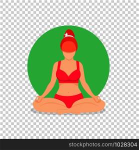 Yoga Girl Meditate in Lotus Position Isolated on Transparent Background. Practicing Yoga Woman with Legs Crossed in Padmasana Yoga Pose for Relax and Meditation. Cartoon Flat Vector Illustration, Icon. Yoga Girl Meditate in Lotus Position Relaxation