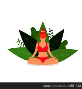 Yoga Girl Meditate in Park Lotus Position on White Background with Green Leaves. Woman Practicing Yoga Outdoors. Padmasana Yoga Pose for Relaxation and Meditation. Cartoon Flat Vector Illustration, Icon. Woman Practicing Yoga Outdoors. Padmasana Pose