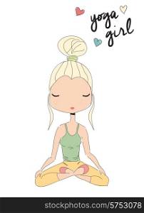 Yoga girl sitting in lotus pose, hand drawn, vector illustration