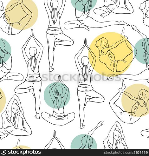 Yoga. Hand drawn girls on white background. Vector seamless pattern . Yoga. Vector seamless pattern