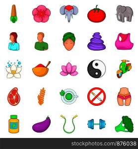 Yoga icons set. Cartoon set of 25 yoga vector icons for web isolated on white background. Yoga icons set, cartoon style