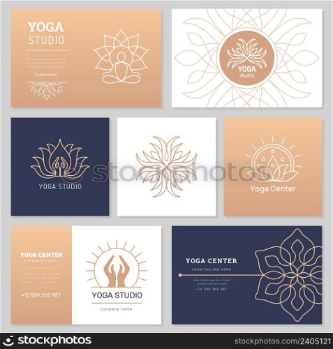 Yoga identity card. Ethnic pictures stylized elements for yoga club cards india organic illustrations spa salon branding vector templates with place for text. Yoga identity print and decorative frame. Yoga identity card. Ethnic pictures stylized elements for yoga club cards india organic illustrations spa salon branding recent vector templates with place for text