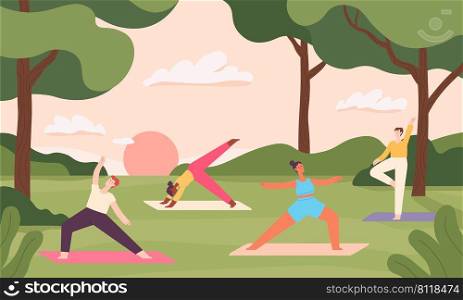 Yoga in city park, concentration and meditation. Vector yoga park concentration meditation and balance, person do exercise for relax lifestyle illustration. Yoga in city park, concentration and meditation