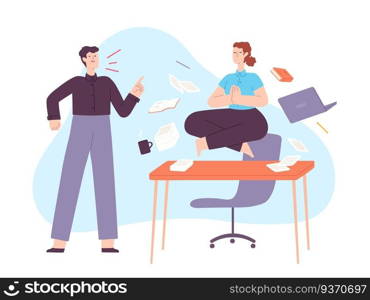 Yoga in office stress. Calm woman meditate in lotus on work desk with angry yelling boss. Employee in zen at workplace chaos vector concept. Illustration employee meditation and relaxation. Yoga in office stress. Calm woman meditate in lotus on work desk with angry yelling boss. Employee in zen at workplace chaos vector concept