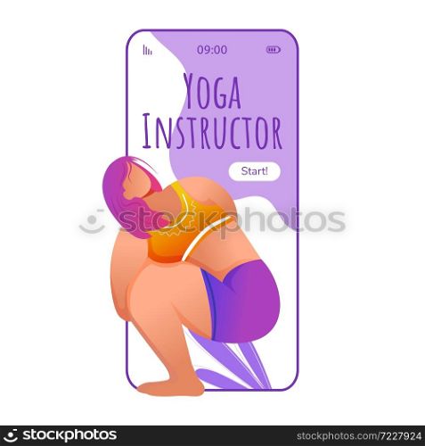 Yoga instructor smartphone interface vector template. Noose pose. Pasasana. Trainer. Mobile app page violet design layout. Caucausian woman doing yoga on screen. Flat UI for application. Phone display. Yoga instructor smartphone interface vector template