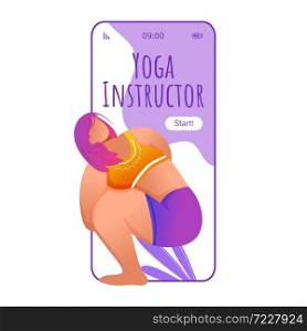 Yoga instructor smartphone interface vector template. Noose pose. Pasasana. Trainer. Mobile app page violet design layout. Caucausian woman doing yoga on screen. Flat UI for application. Phone display. Yoga instructor smartphone interface vector template