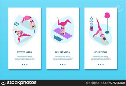 Yoga isometric vertical banners illustrated power exercises online training and home practice isolated vector illustration