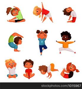 Yoga kids characters. Fitness sport childrens posing and making gymnastics yoga exercises vector illustrations. Sport yoga child, health and meditation boy and girl. Yoga kids characters. Fitness sport childrens posing and making gymnastics yoga exercises vector illustrations