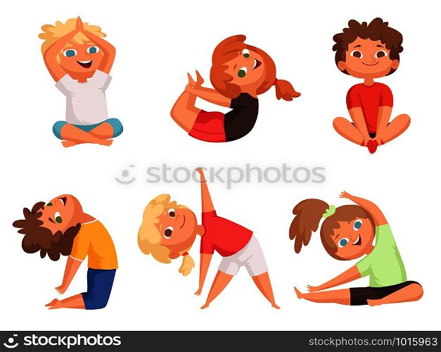 Yoga kids. Children making different yoga exercises young gymnastics vector characters. Illustration of yoga boy and girl stretching. Yoga kids. Children making different yoga exercises young gymnastics vector characters