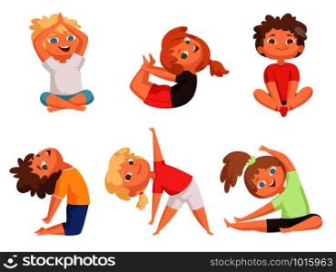 Yoga kids. Children making different yoga exercises young gymnastics vector characters. Illustration of yoga boy and girl stretching. Yoga kids. Children making different yoga exercises young gymnastics vector characters