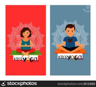 Yoga kids colorful vertical flyer design set. Vector illustration. Yoga kids vertical flyers set