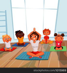 Yoga kids group. Children making exercises with instructor in gym vector cartoon background. Illustration of gym yoga pose, meditation class. Yoga kids group. Children making exercises with instructor in gym vector cartoon background