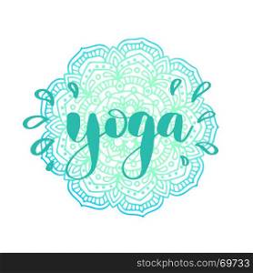yoga logo. Vector illustration of blue mandala sign and text Yoga on it. Spa, yoga centers logotype design.