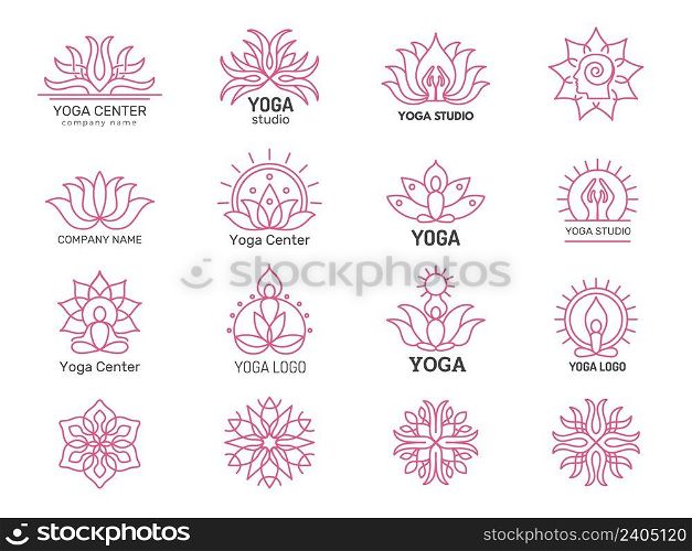 Yoga logotypes. Healthcare spa and yoga practice pictures of stylized buddah asana meditation poses recent vector illustrations collection. Spa and yoga logo, healthcare emblem center. Yoga logotypes. Healthcare spa and yoga practice pictures of stylized buddah asana meditation poses recent vector illustrations collection