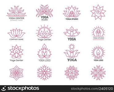 Yoga logotypes. Healthcare spa and yoga practice pictures of stylized buddah asana meditation poses recent vector illustrations collection. Spa and yoga logo, healthcare emblem center. Yoga logotypes. Healthcare spa and yoga practice pictures of stylized buddah asana meditation poses recent vector illustrations collection