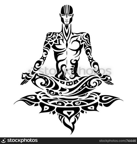 Yoga man Silhouette. Hand drawn vector illustration. Meditation in lotus pose Padmasana. Meditation. Yoga man Silhouette.