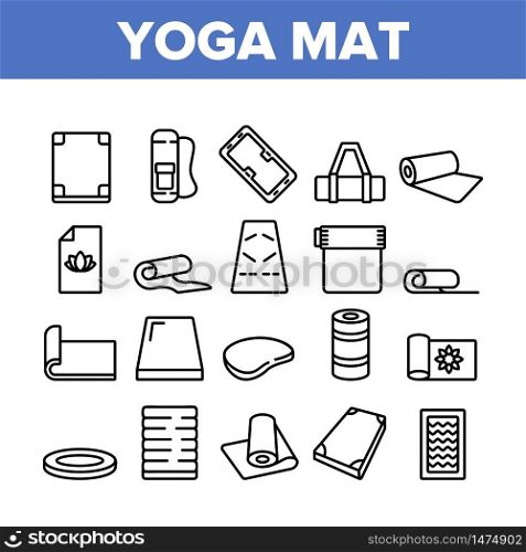Yoga Mat Accessory Collection Icons Set Vector. Yoga Mattress For Sport Physical Exercising And Fitness, Rolled And With Handle Concept Linear Pictograms. Monochrome Contour Illustrations. Yoga Mat Accessory Collection Icons Set Vector
