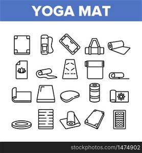 Yoga Mat Accessory Collection Icons Set Vector. Yoga Mattress For Sport Physical Exercising And Fitness, Rolled And With Handle Concept Linear Pictograms. Monochrome Contour Illustrations. Yoga Mat Accessory Collection Icons Set Vector