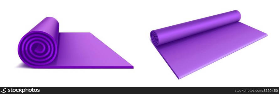 Yoga mat top and side view, purple rolled mattress for fitness exercises, stretching, meditation, sports workout on floor, flat aerobics rug isolated on white background Realistic vector illustration. Yoga mat top and side view, purple rolled mattress