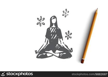Yoga, meditation, health, relax, lotus concept. Hand drawn woman sitting in yoga pose concept sketch. Isolated vector illustration.. Yoga, meditation, health, relax, lotus concept. Hand drawn isolated vector.