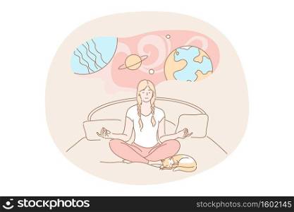 Yoga, meditation, imagination concept. Calm woman cartoon character meditating dreaming doing yoga exercises in lotus pose. Imagination or dream expansion of consciousness and imaginative mindset.. Yoga, meditation, imagination concept
