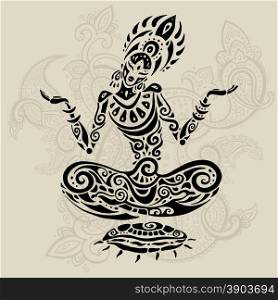 Yoga Meditation lotus pose. Hand Drawn Illustration. Polynesian style tattoo.. Meditation lotus pose. Tattoo style.