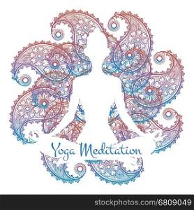 Yoga meditation poster. Yoga meditation poster with colorful ornamental mandala and woman silhouette. Vector illustration