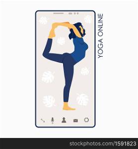 Yoga online. Girl coach on a smartphone screen conducts a lesson live. Concept for yoga courses or website design. Flat illustration isolated on white background. Sport at home